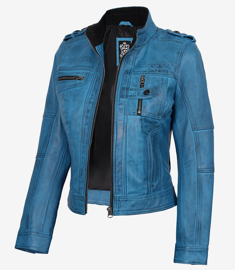 Veste style motard en cuir d'agneau ciré bleu pour femme