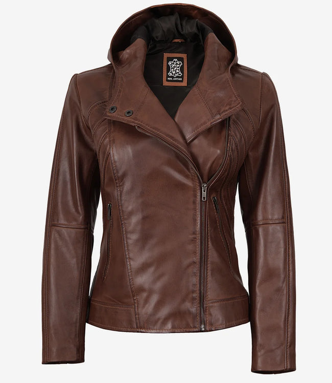 Veste en cuir marron asymétrique style motard pour femme avec capuche