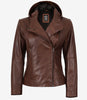 Veste en cuir marron asymétrique style motard pour femme avec capuche
