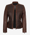 Veste style motard en cuir texturé marron pour femme