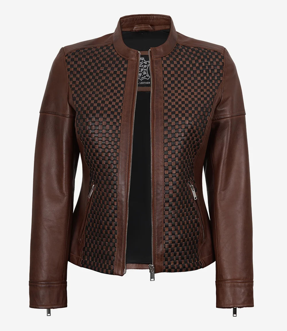 Veste style motard en cuir texturé marron pour femme
