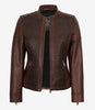 Veste style motard en cuir texturé marron pour femme