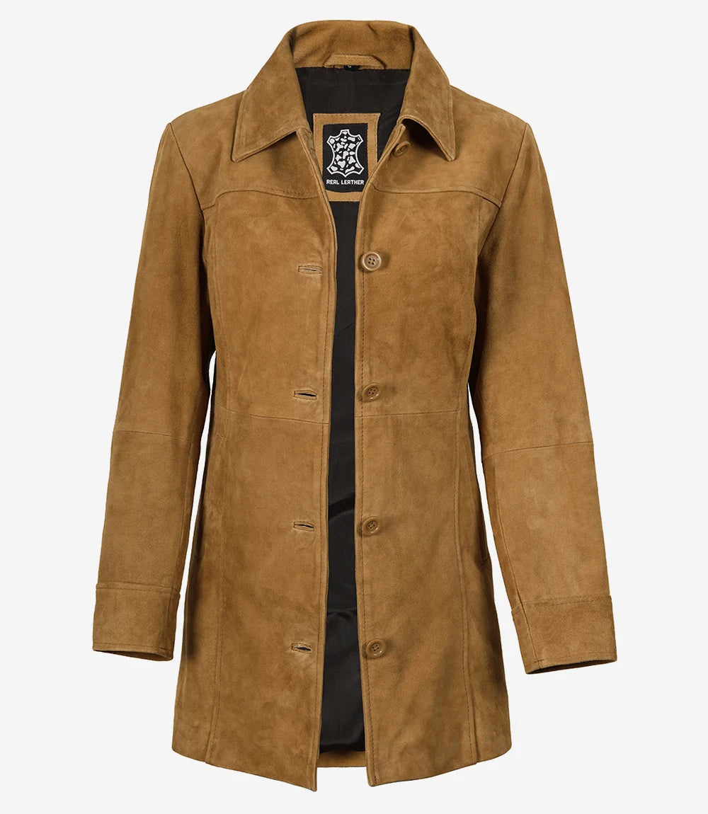 Manteau boutonné en daim marron pour femme, longueur 3/4