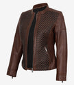 Veste style motard en cuir texturé marron pour femme