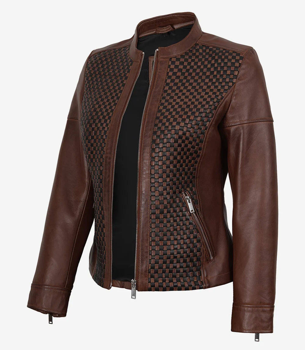 Veste style motard en cuir texturé marron pour femme