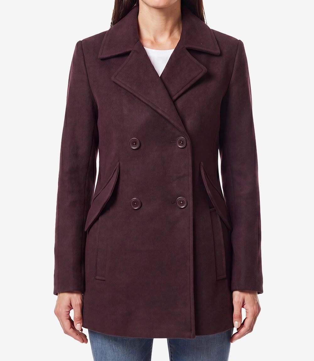 Women's Burgundy Wool Peacoat – Double-Breasted