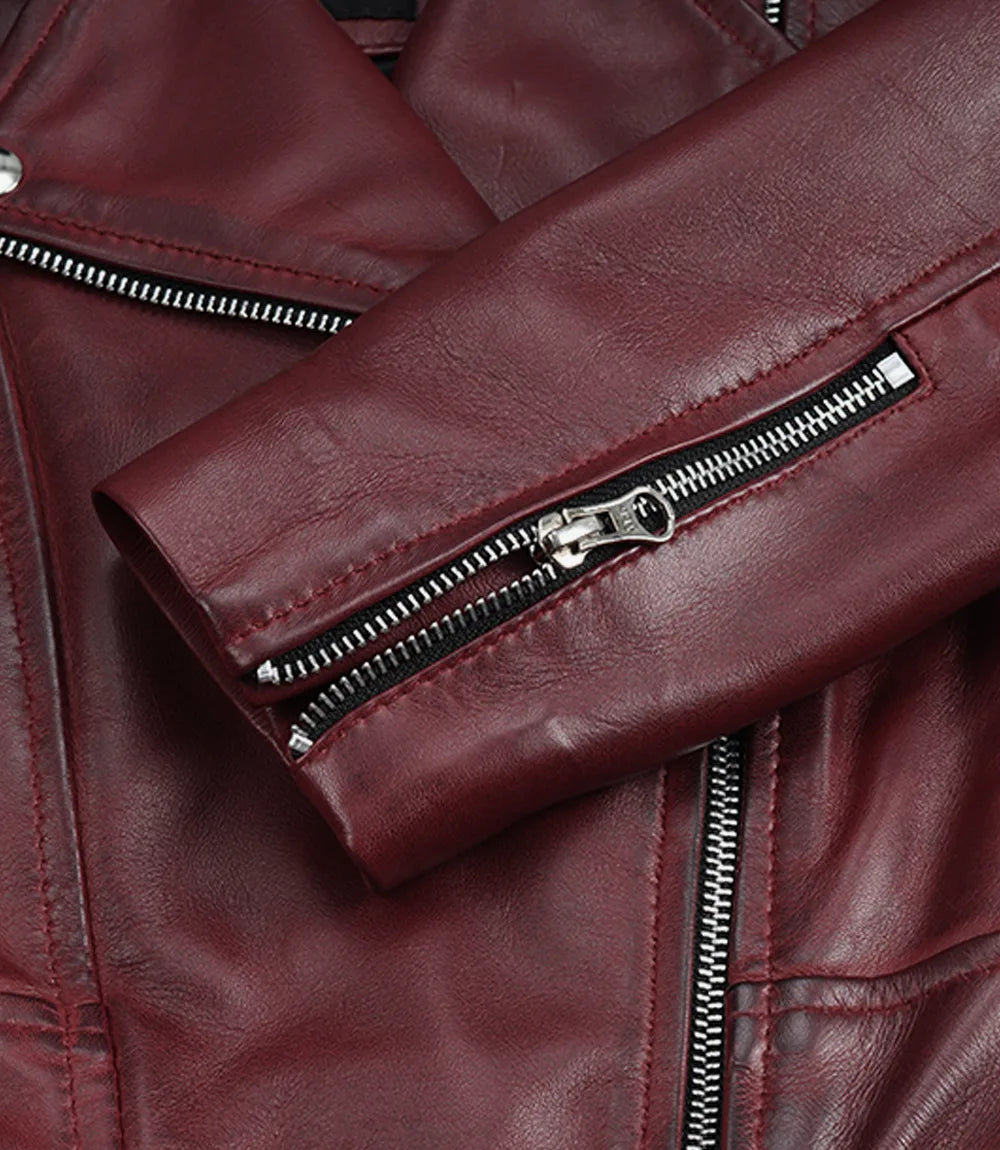Womens Burgundy Waxed Biker Style Cropped Leather Jacket