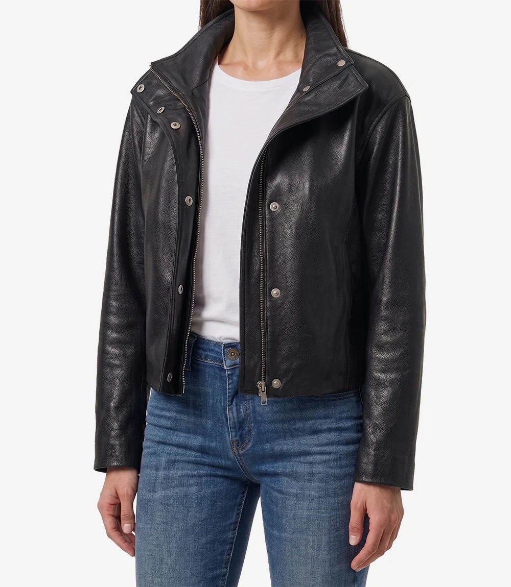 Women's Drop-Shoulder Black Lambskin Leather Funnel Neck Jacket