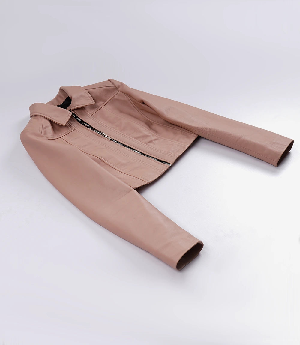 Marsha Women's Cropped Pink Leather Jacket with Shirt Collar