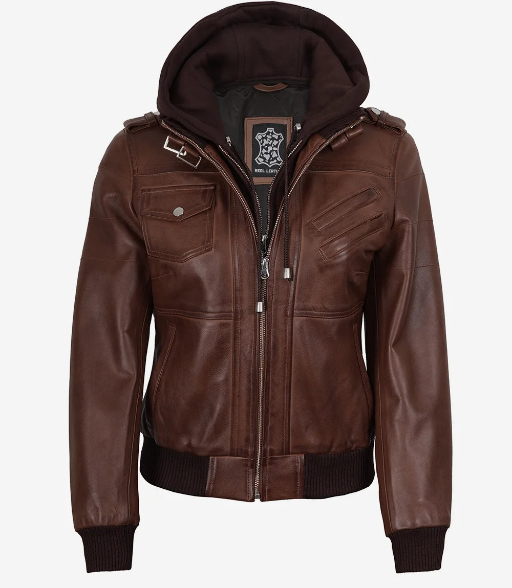 Blouson aviateur en cuir cognac pour femme avec capuche amovible