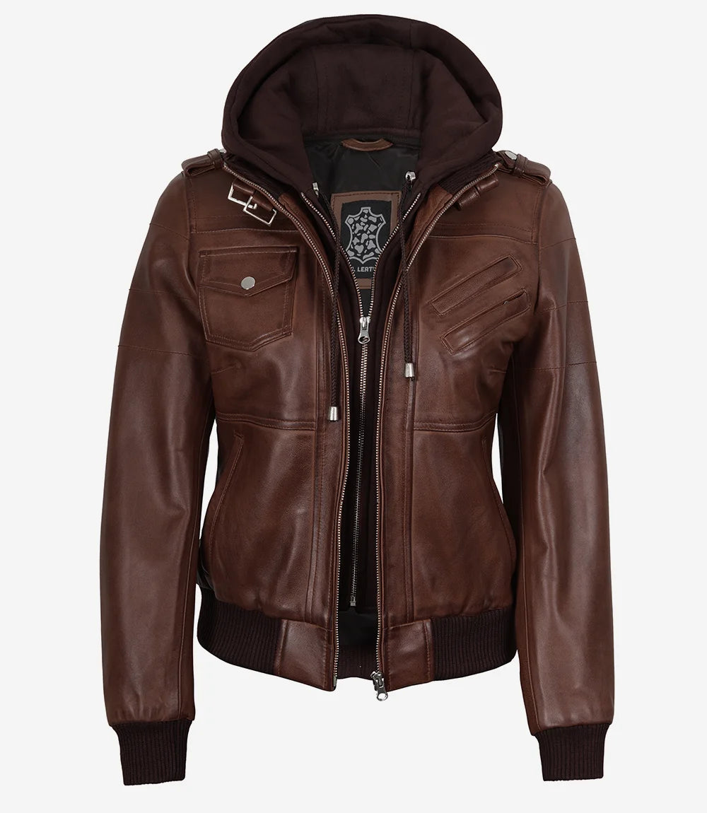 Blouson aviateur en cuir cognac pour femme avec capuche amovible