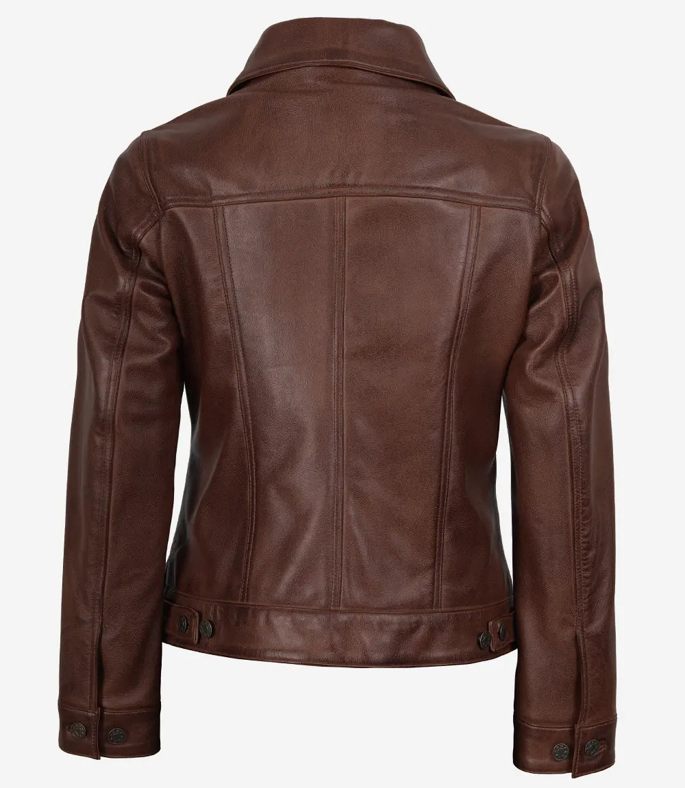 Womens Cognac Brown Trucker Leather Jacket