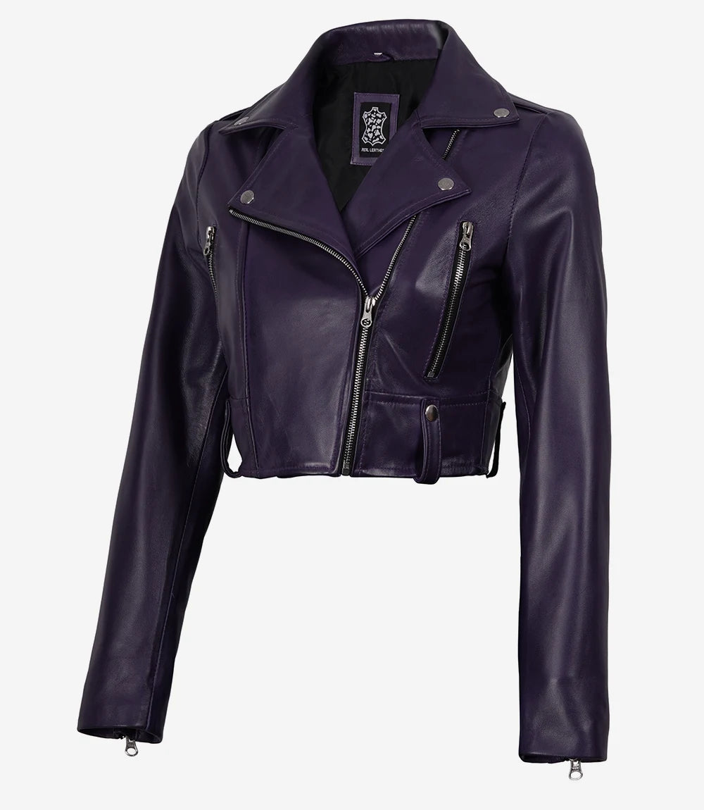 Women's Purple Lambskin Leather Cropped Biker Jacket – Asymmetric Zip