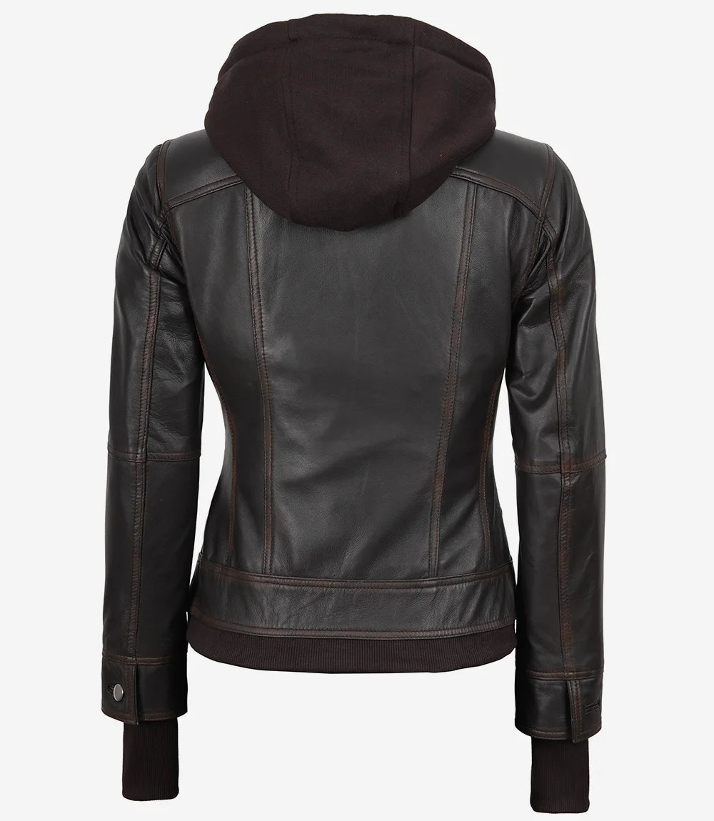 Blouson aviateur en cuir marron vieilli pour femme avec capuche amovible