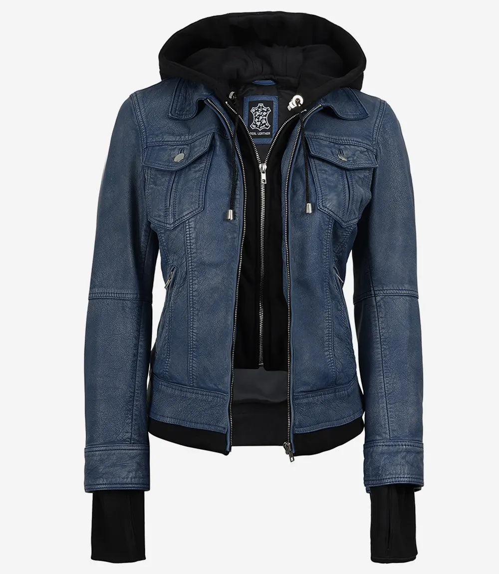 Blouson aviateur en cuir ciré cognac Tralee pour femme avec capuche amovible
