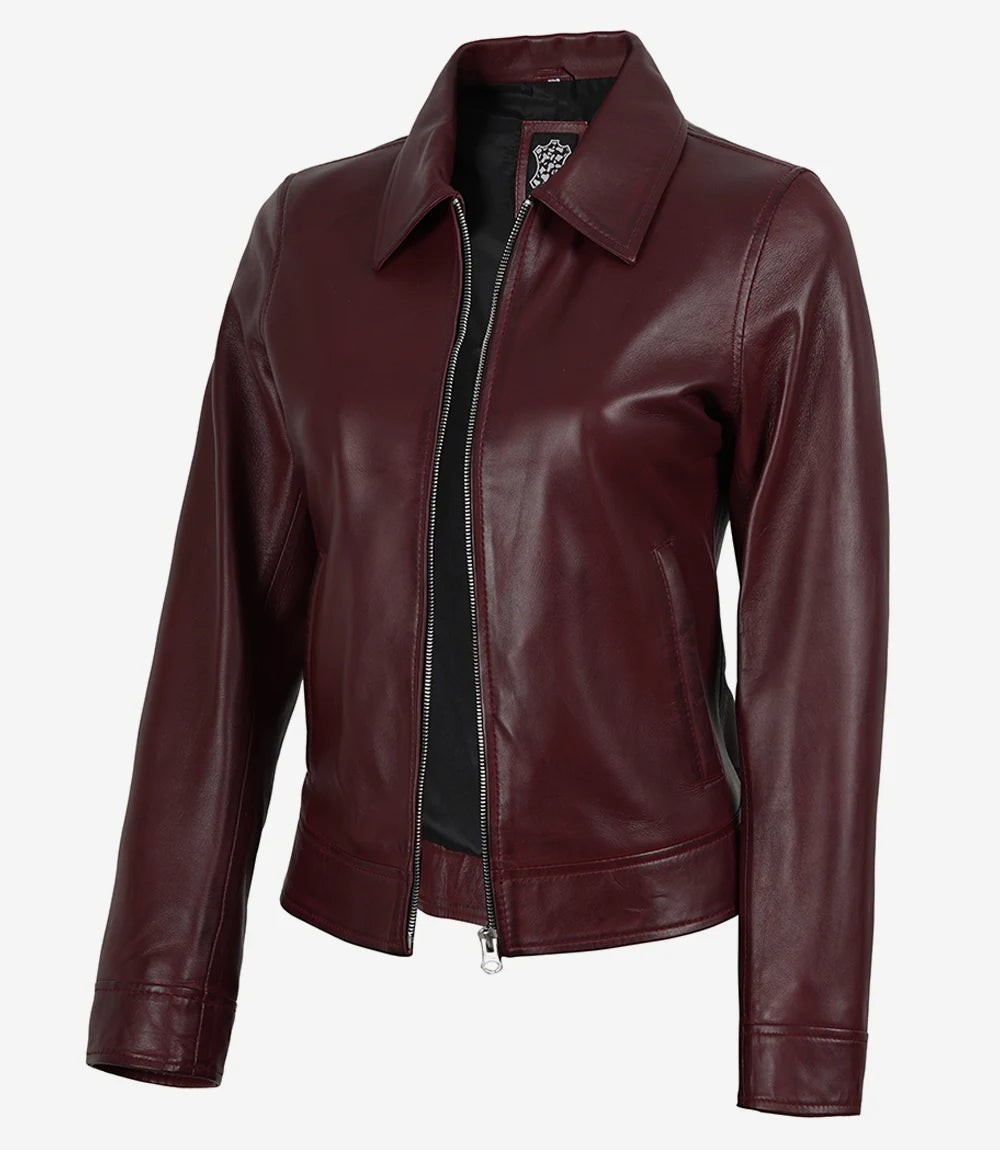 Womens Maroon Waxed Shirt Collar Harrington Leather Jacket