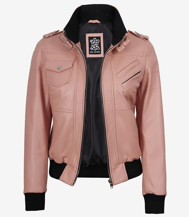 Blouson aviateur en cuir rose à capuche pour femme