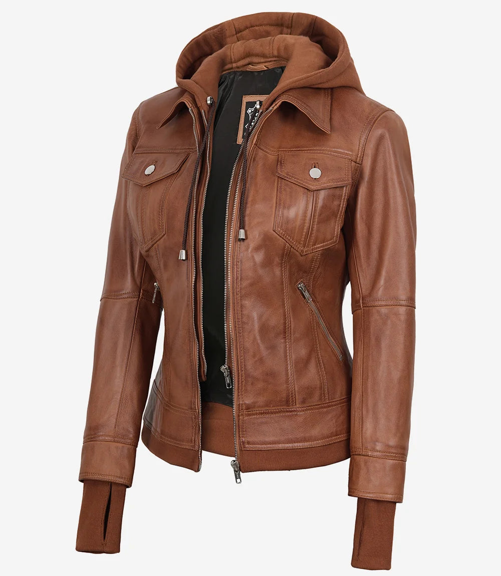 Blouson aviateur en cuir ciré beige Tralee pour femme avec capuche amovible