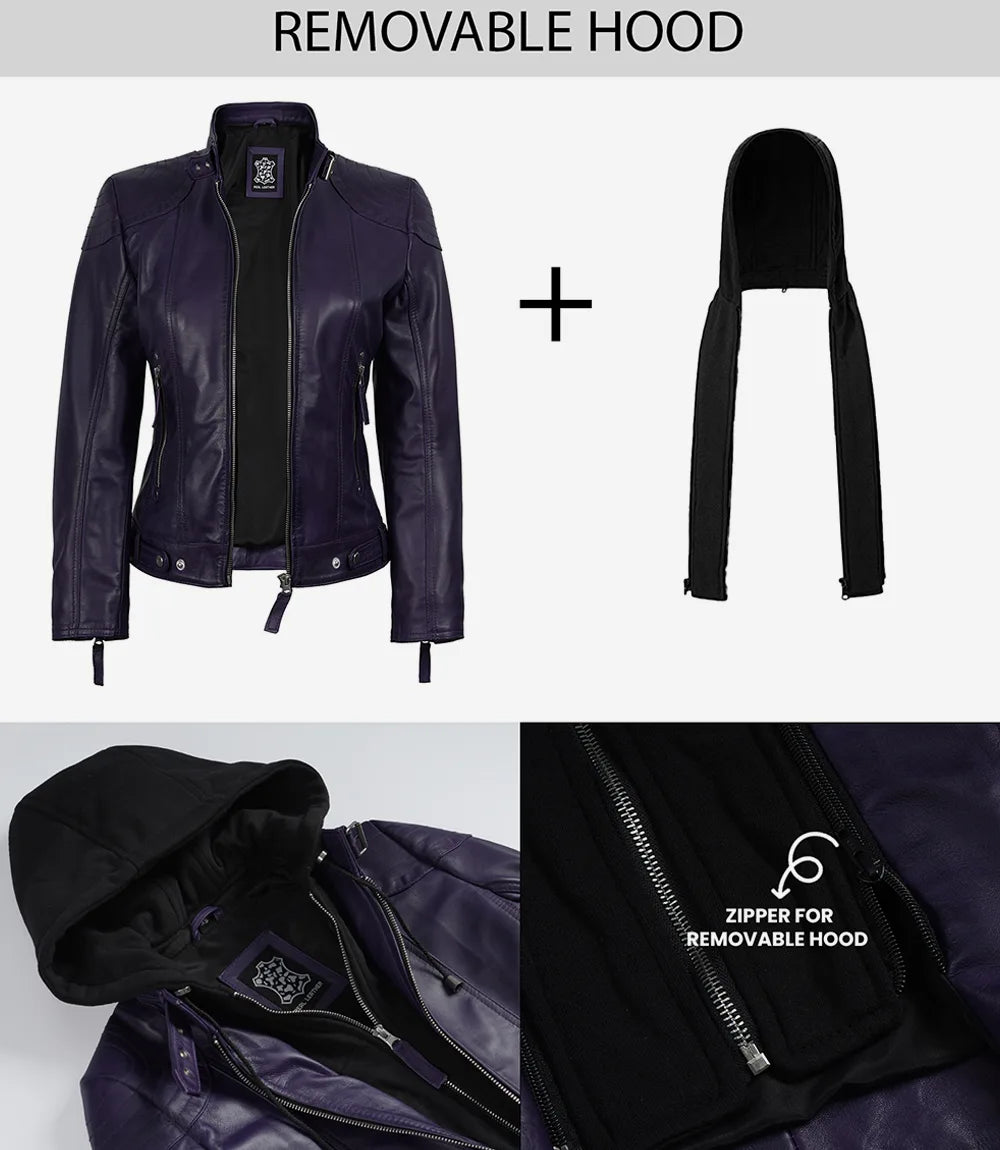 Women’s Purple Waxed Real Leather Jacket with Removable Hood