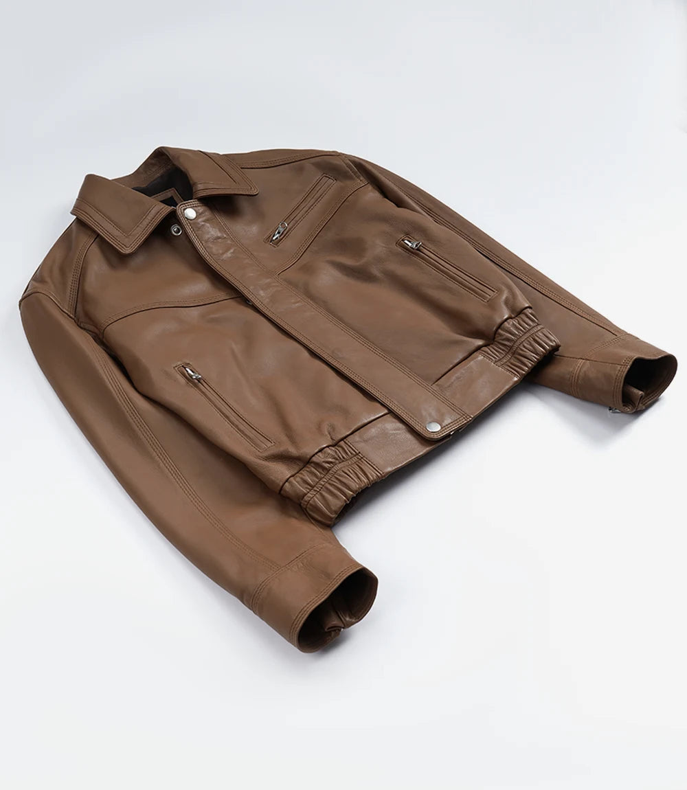 Women's Premium Leather Light Brown Bomber Jacket