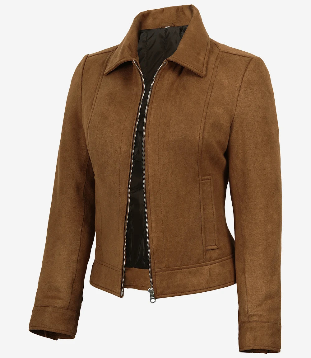 Womens Shirt Collar Light Brown Faux Suede Jacket