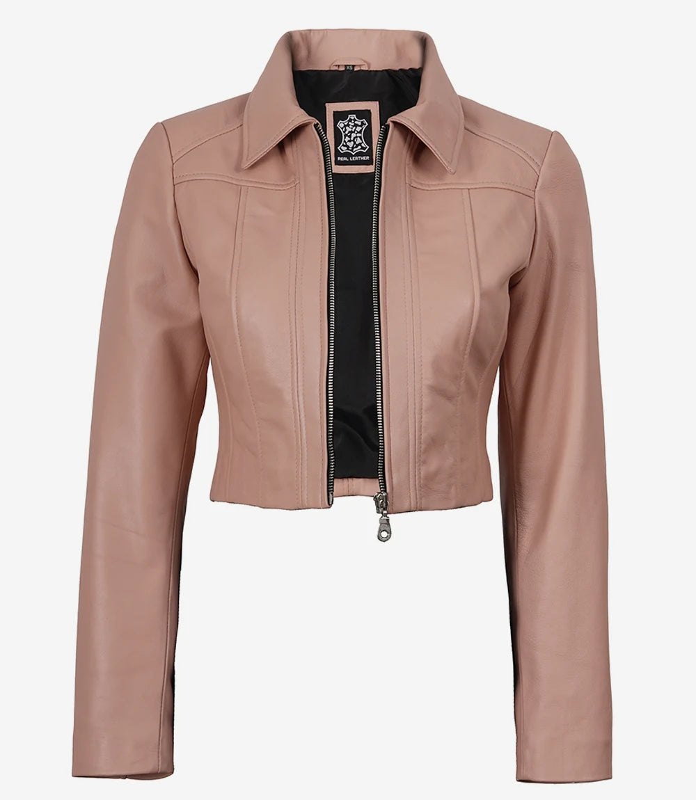 Marsha Women's Cropped Pink Leather Jacket with Shirt Collar