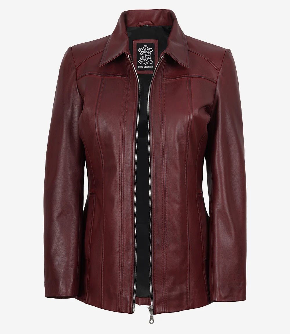 Marsha Womens Maroon Leather Car Coat