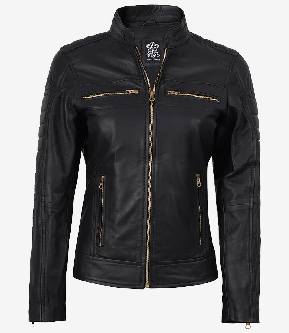 Women's Matte Black Leather Cafe Racer Jacket with Gold Zippers
