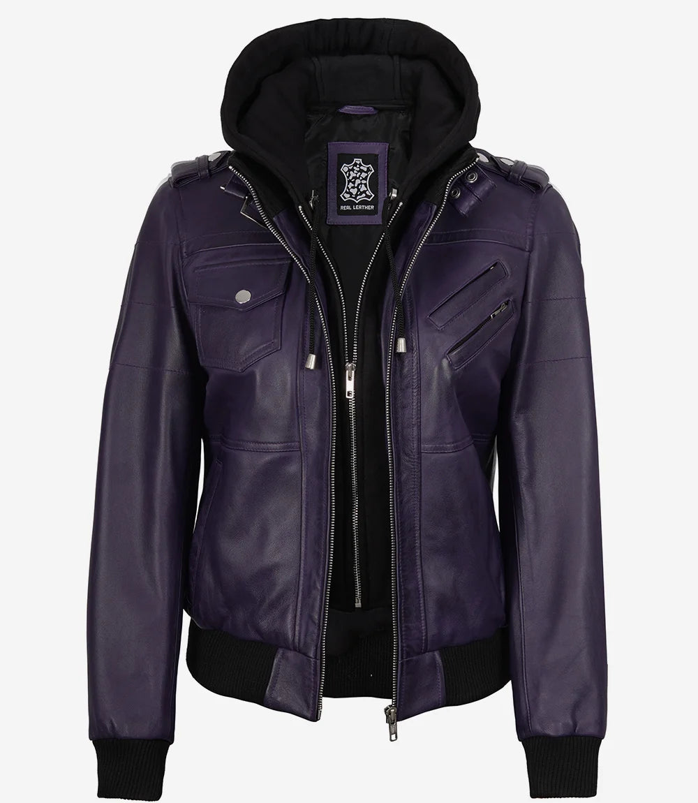 Blouson aviateur en cuir violet pour femme avec capuche amovible