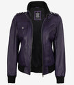 Blouson aviateur en cuir violet pour femme avec capuche amovible