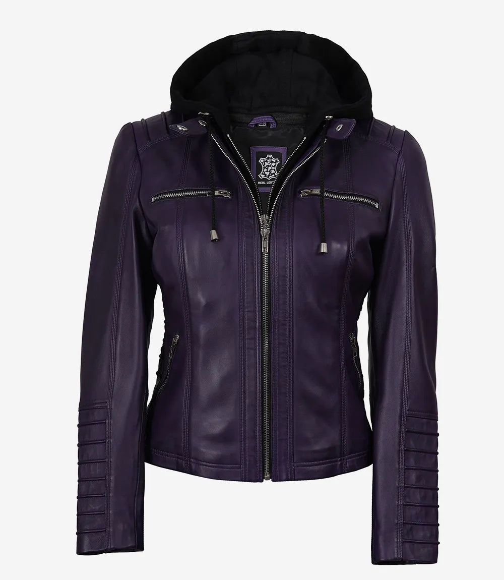 Women's Purple Real Leather Biker Jacket – Removable Hood