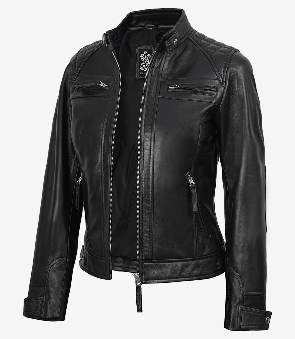 Veste motard en cuir noir pour femme - Épaules matelassées