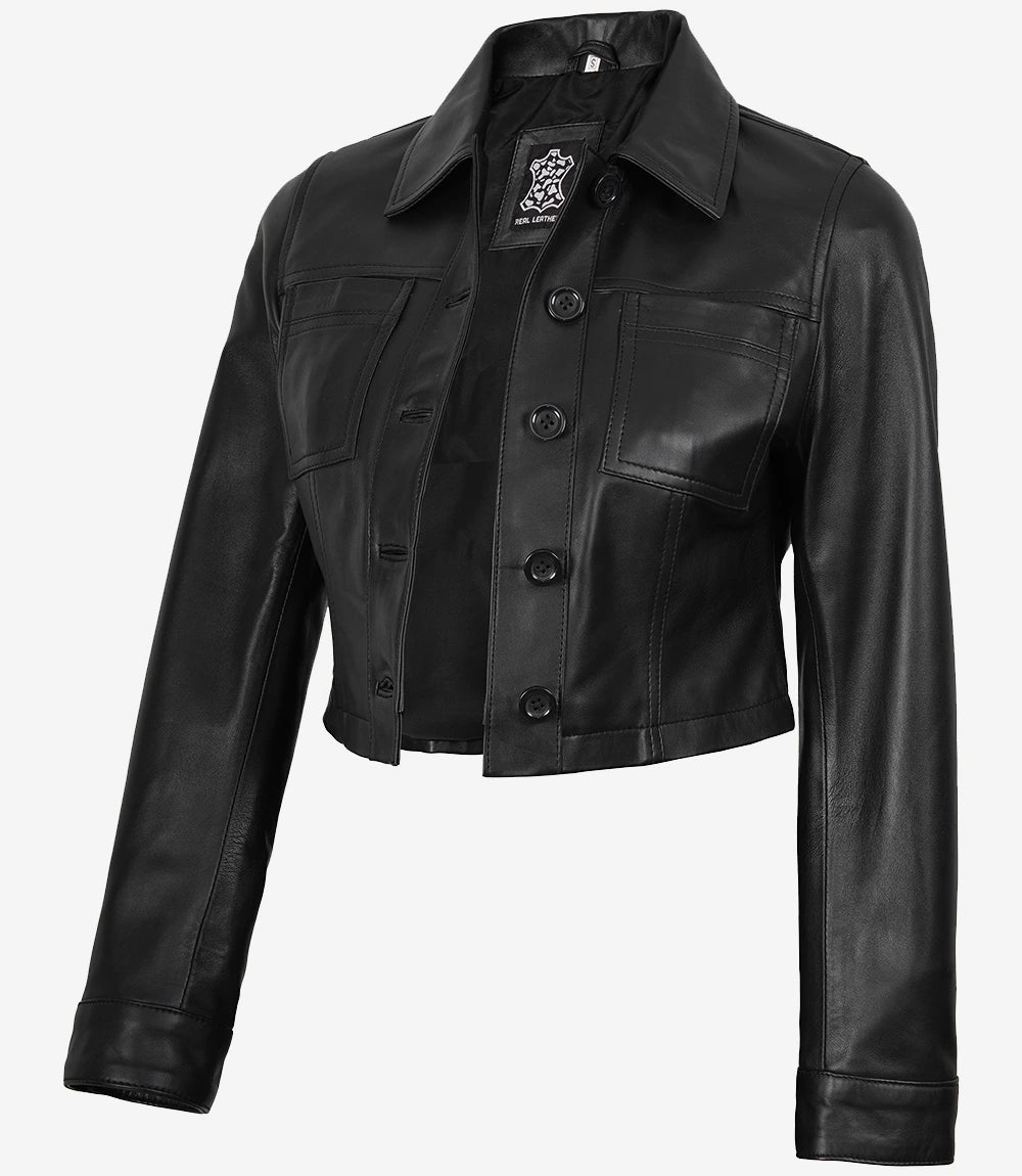 Veste courte en cuir noir pour femme