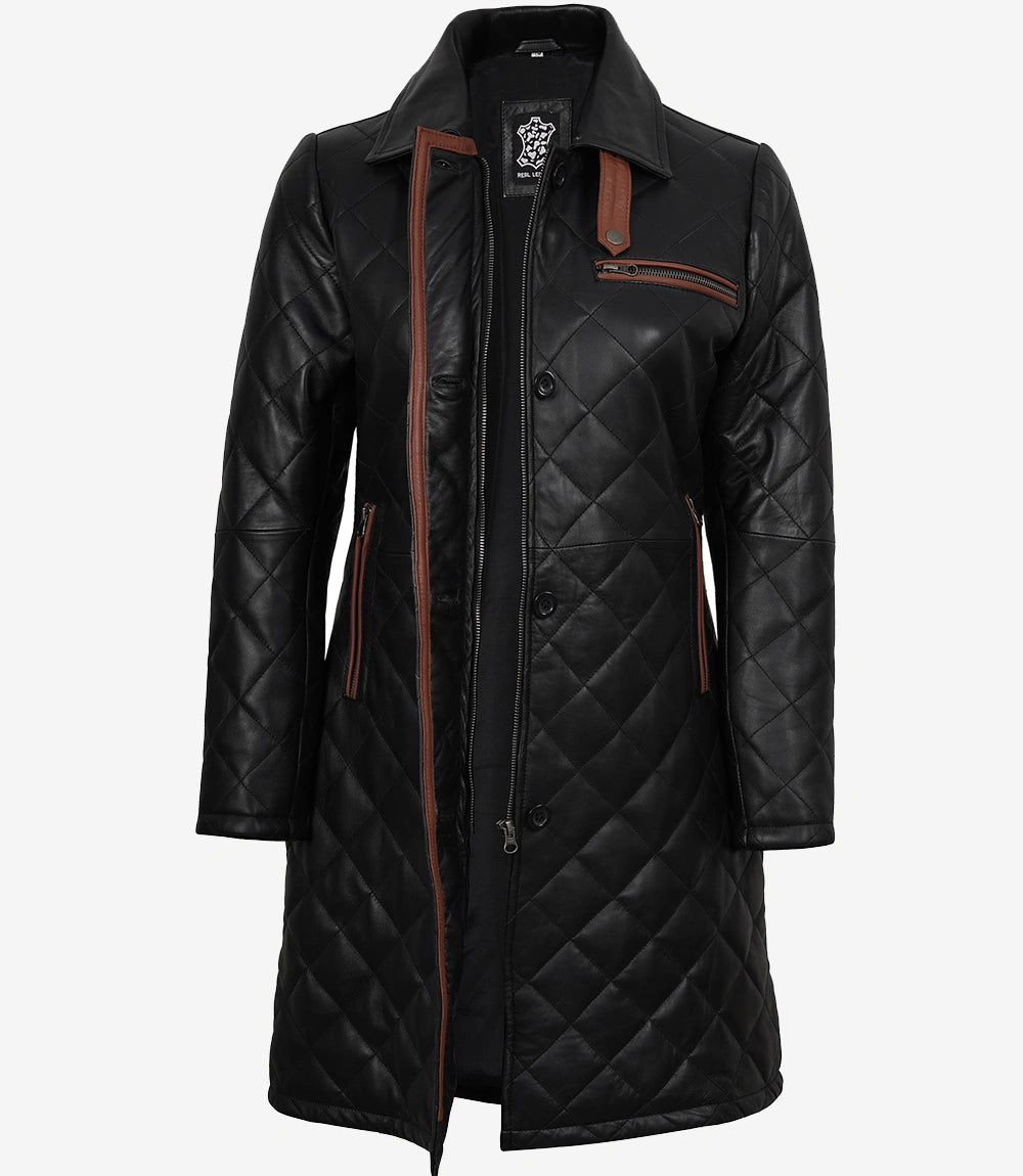 Glen Womens Real Leather Black Quilted Car Coat with Brown Detailing