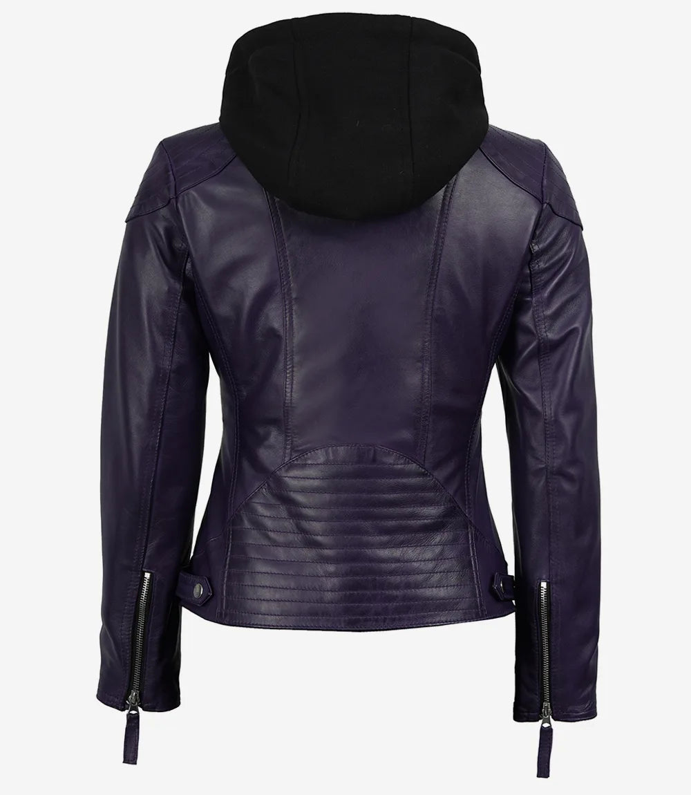 Women’s Purple Waxed Real Leather Jacket with Removable Hood