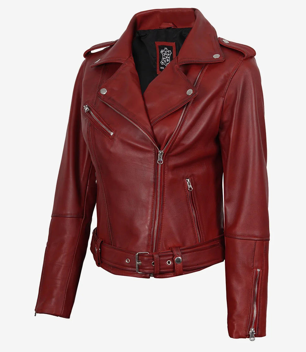 Veste en cuir asymétrique rouge style motard pour femme avec ceinture