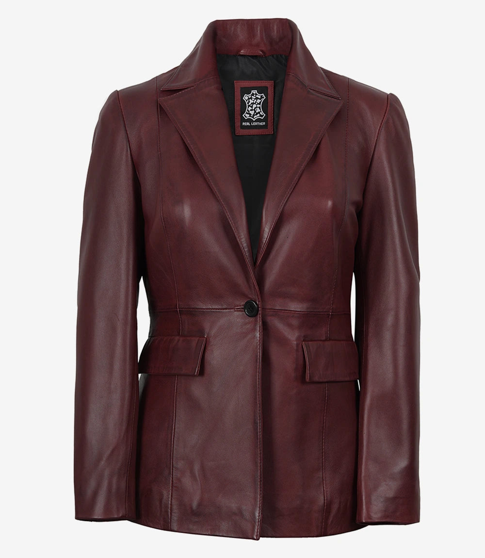 Women’s Single-Button Burgundy Waxed Lambskin Leather Blazer