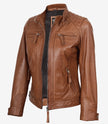 Veste style motard matelassée en cuir d'agneau véritable pour femme, couleur beige