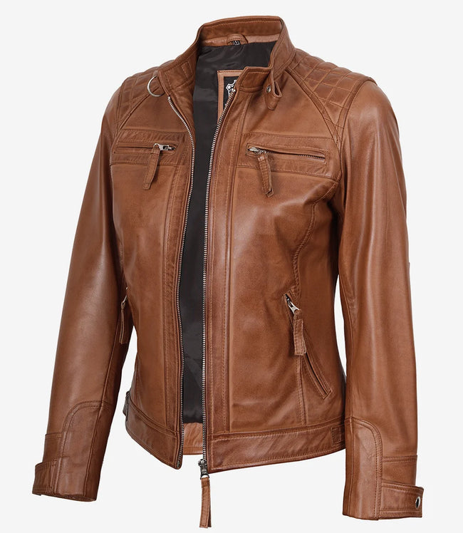 Veste style motard matelassée en cuir d'agneau véritable pour femme, couleur beige