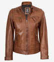 Veste style motard matelassée en cuir d'agneau véritable pour femme, couleur beige