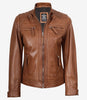 Veste style motard matelassée en cuir d'agneau véritable pour femme, couleur beige