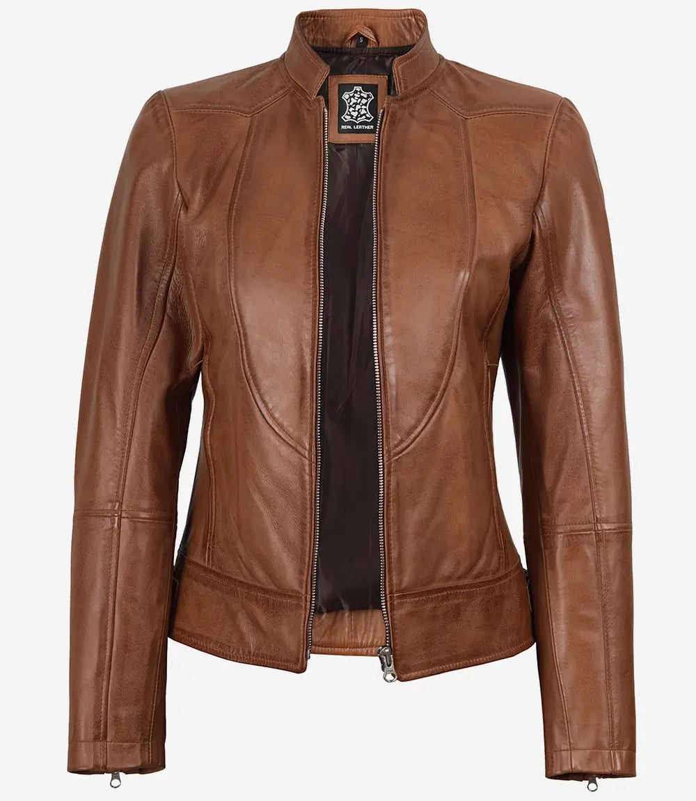 Veste en cuir ciré couleur tan, style motard slim fit pour femme