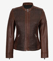 Veste style motard en cuir texturé marron pour femme
