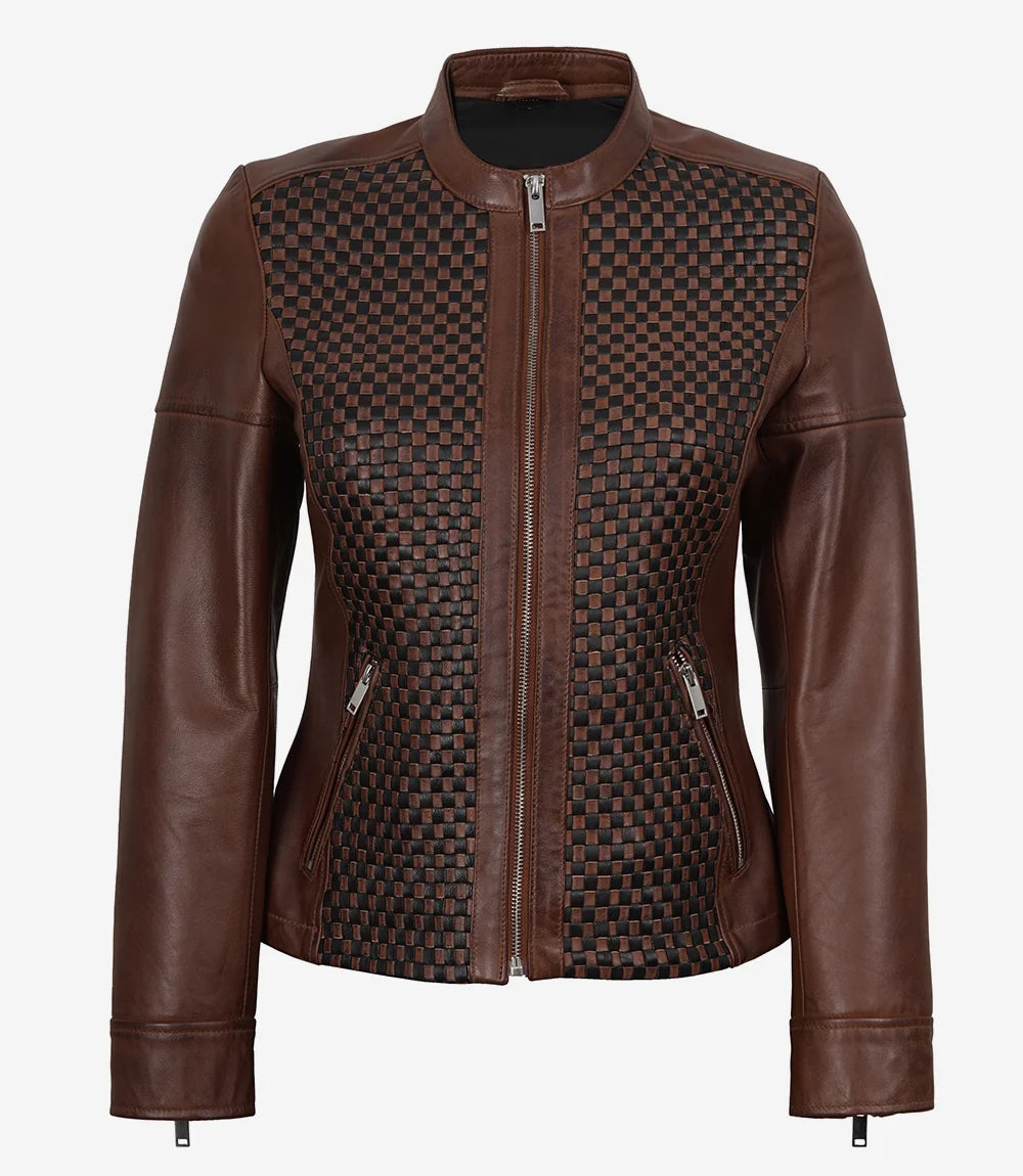 Veste style motard en cuir texturé marron pour femme