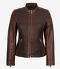 Veste style motard en cuir texturé marron pour femme