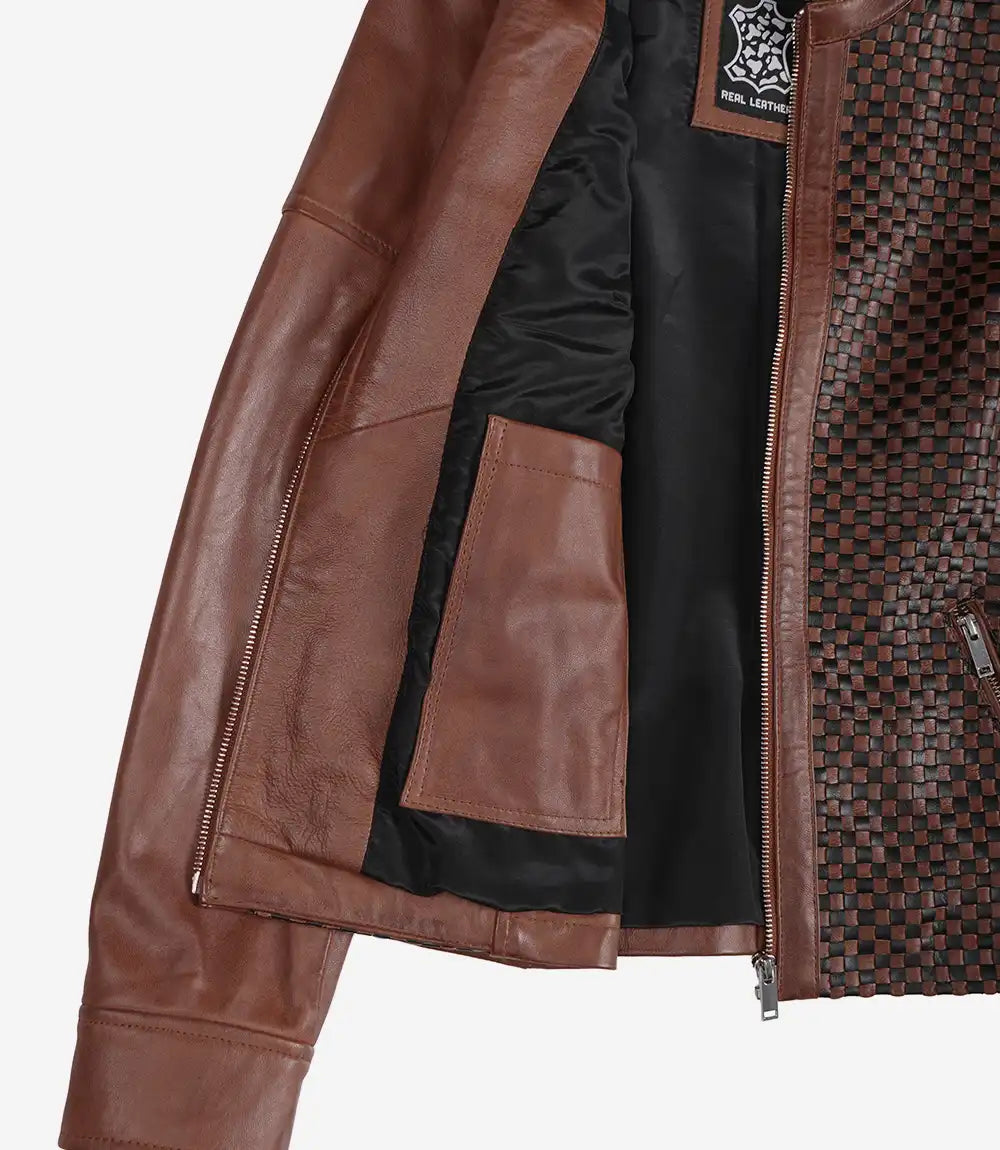 Veste style motard en cuir texturé marron pour femme
