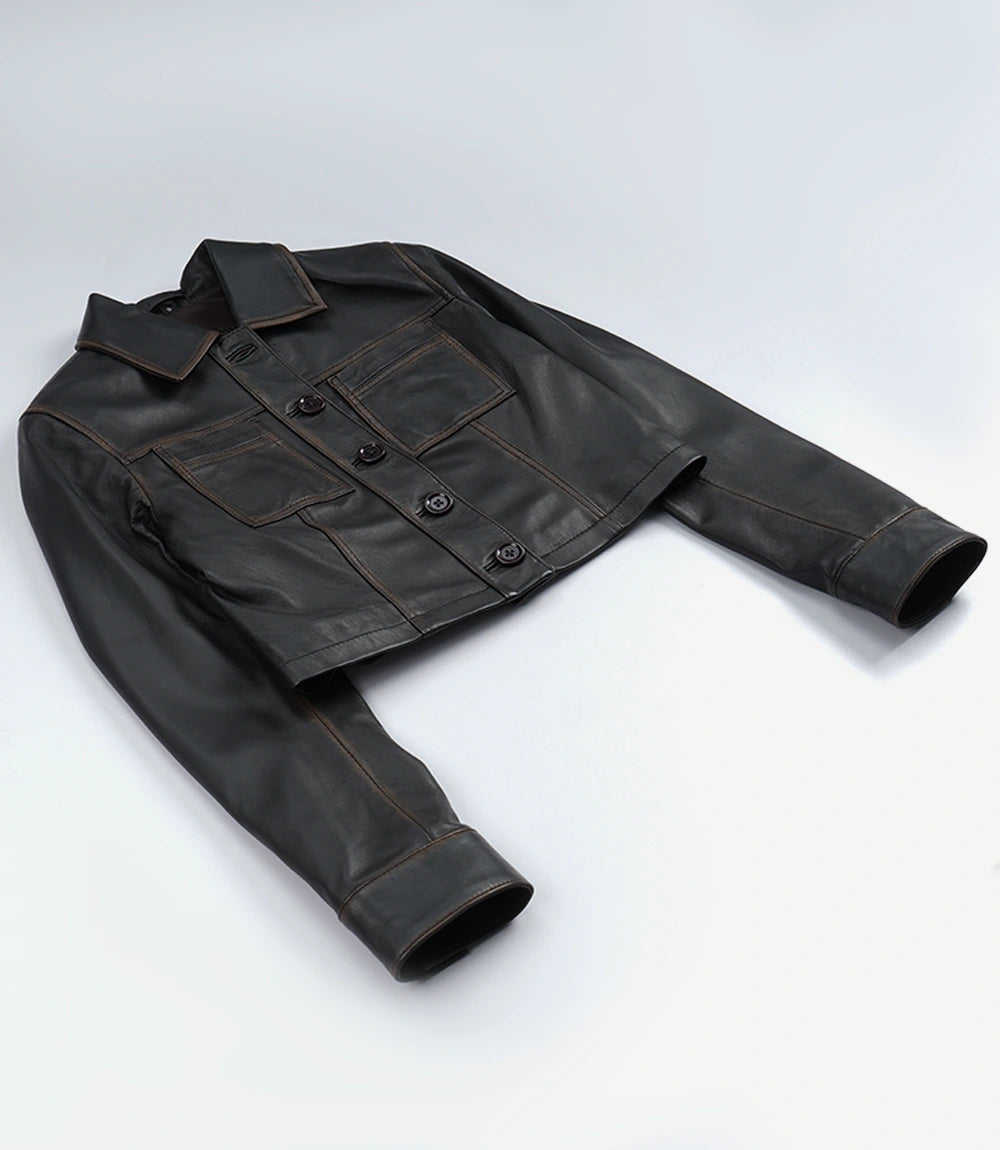 Womens Vintage Brown Cropped Leather Jacket