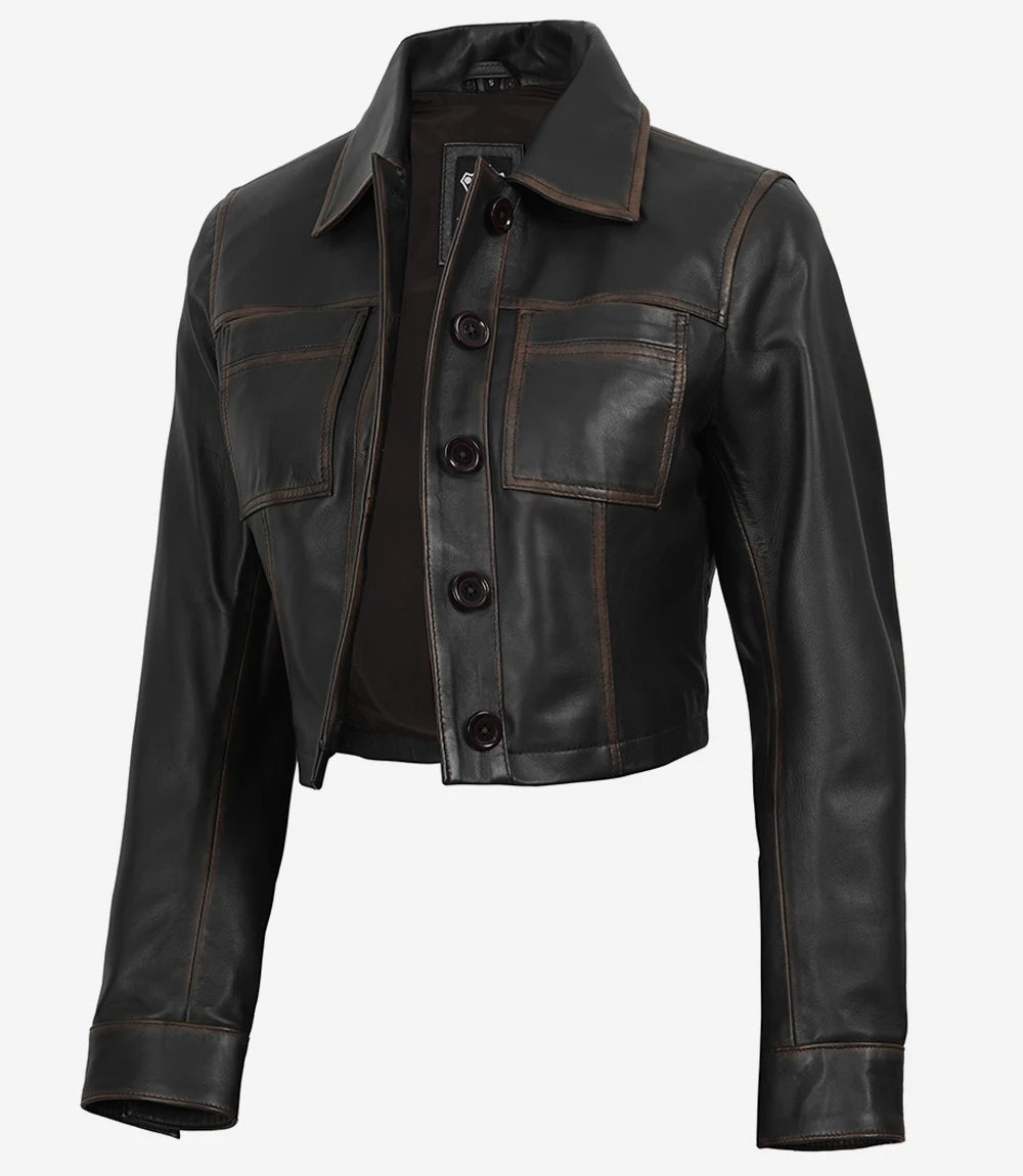 Womens Vintage Brown Cropped Leather Jacket