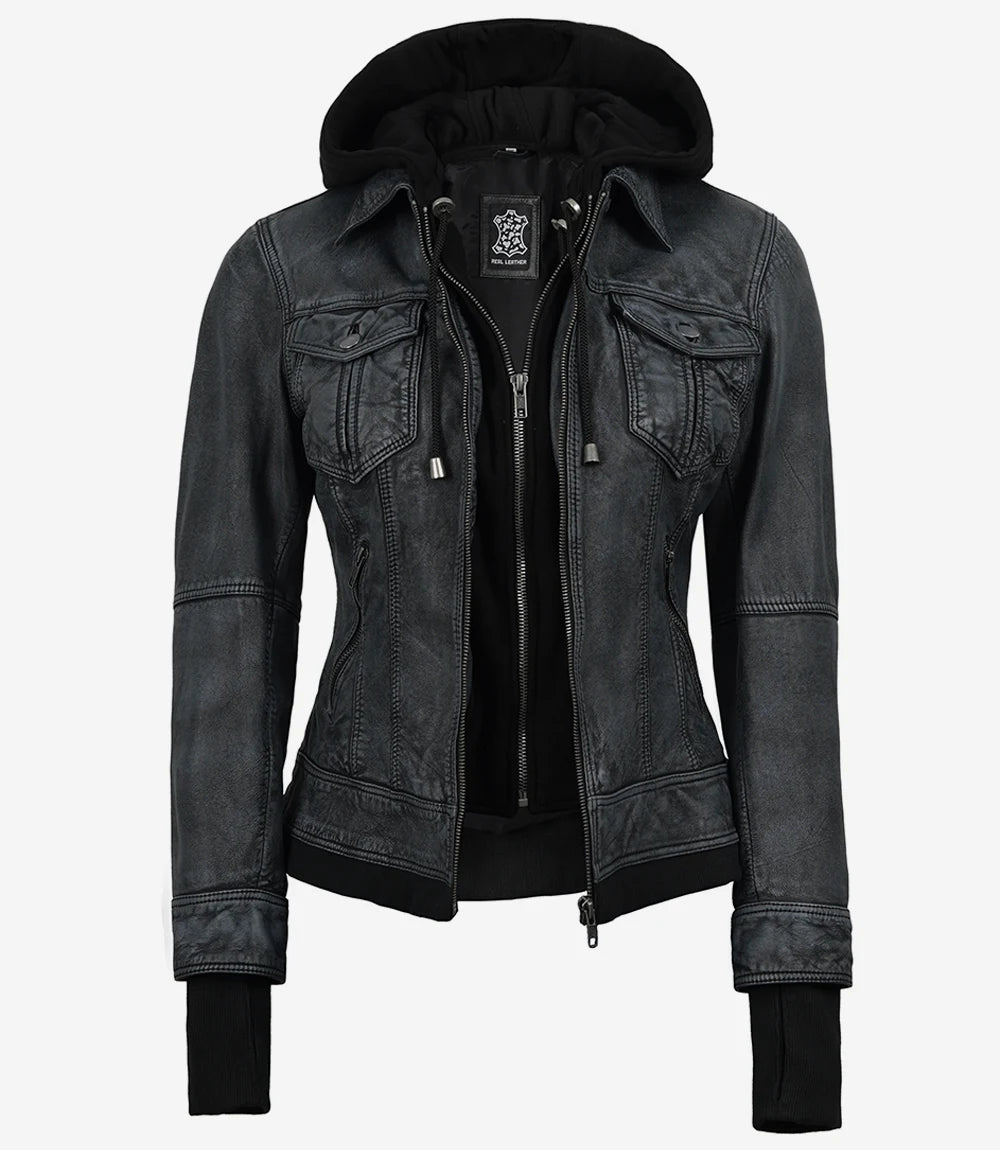 Women's Washed Black Leather Jacket with Removable Hood