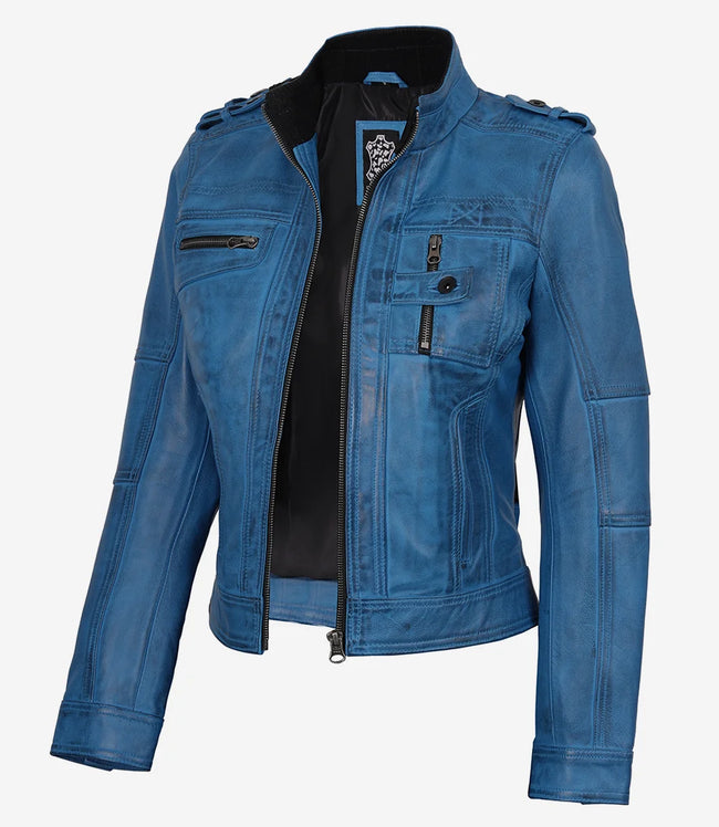 Veste style motard en cuir d'agneau ciré bleu pour femme